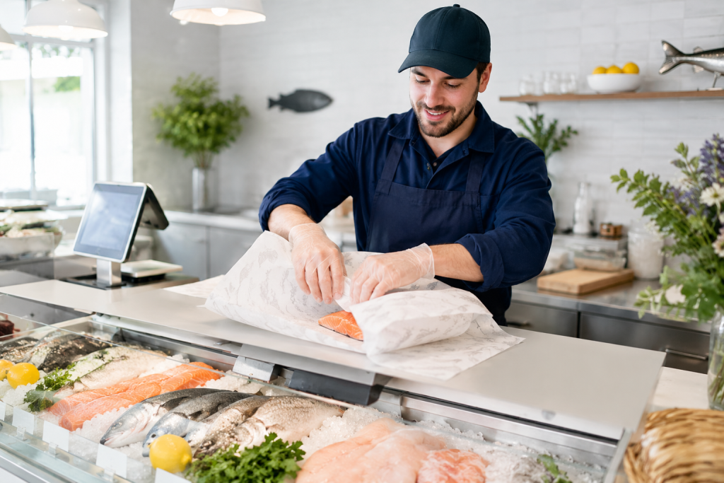 Fishmonger wrapping fresh fish at the Sea Blue Fish counter