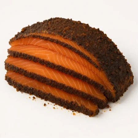 Pastrami cured salmon loaf with sliced pieces