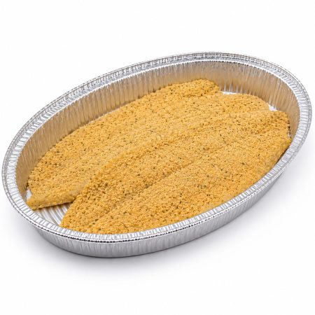Breaded flounder fillets in a foil baking pan