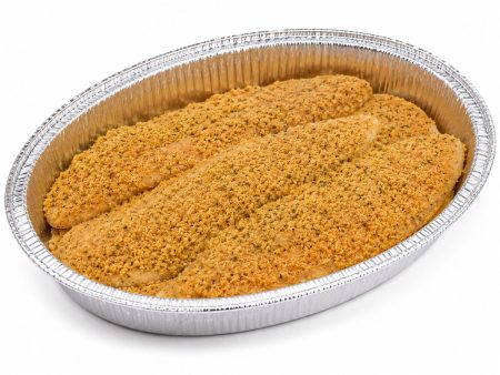 Breaded tilapia fillets in a foil baking pan