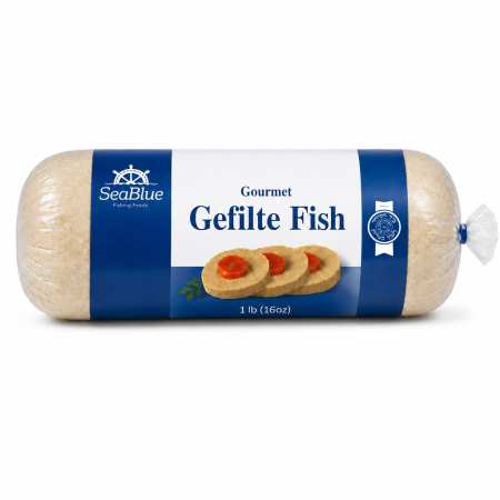 1 lb Gourmet Gefilte Fish roll in SeaBlue packaging with Hisachdus seal