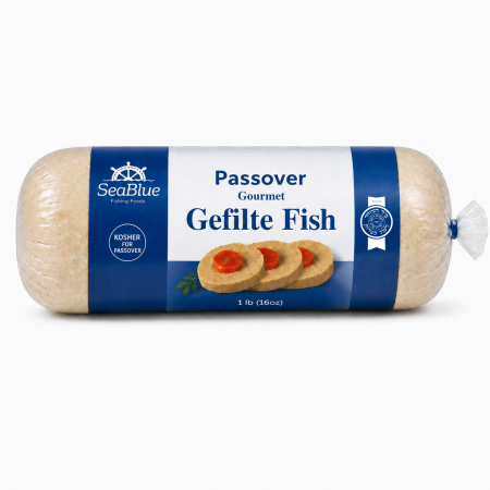 1 lb Passover Gefilte Fish roll in SeaBlue packaging with Hisachdus seal