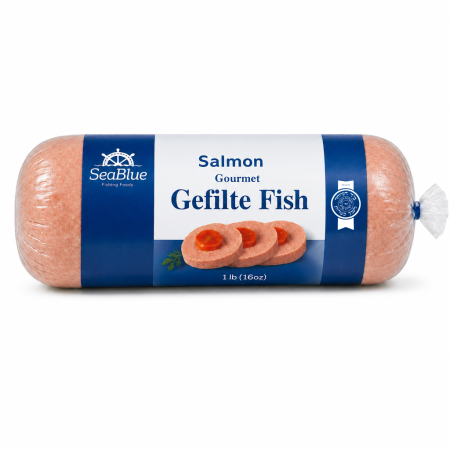 1 lb Salmon Gefilte Fish roll in SeaBlue packaging with Hisachdus seal