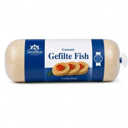 1.5 lb Gourmet Gefilte Fish roll in SeaBlue packaging with Hisachdus seal