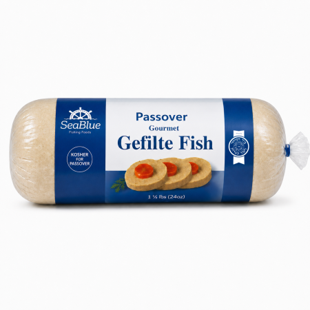 1.5 lb Passover Gefilte Fish roll in SeaBlue packaging with Hisachdus seal