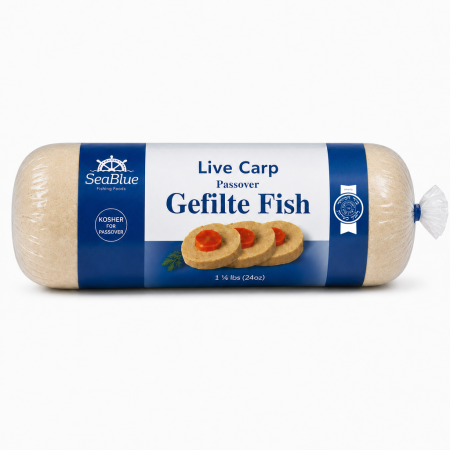 1.5 lb Passover Live Carp Gefilte Fish roll in SeaBlue packaging with Hisachdus seal