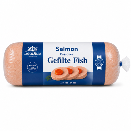 1.5 lb Passover Salmon Gefilte Fish roll in SeaBlue packaging with Hisachdus seal