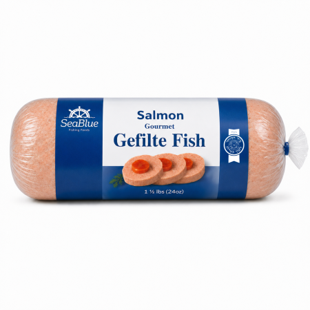 1.5 lb Salmon Gefilte Fish roll in SeaBlue packaging with Hisachdus seal