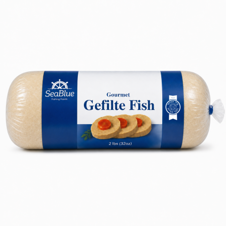 2 lb Gourmet Gefilte Fish roll in SeaBlue packaging with Hisachdus seal
