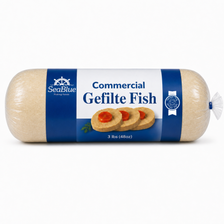 3 lb Commercial Gefilte Fish roll in SeaBlue packaging with Hisachdus seal
