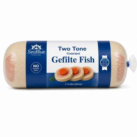 Two tone Gefilte Fish roll 1.5 lb in SeaBlue packaging with Hisachdus seal